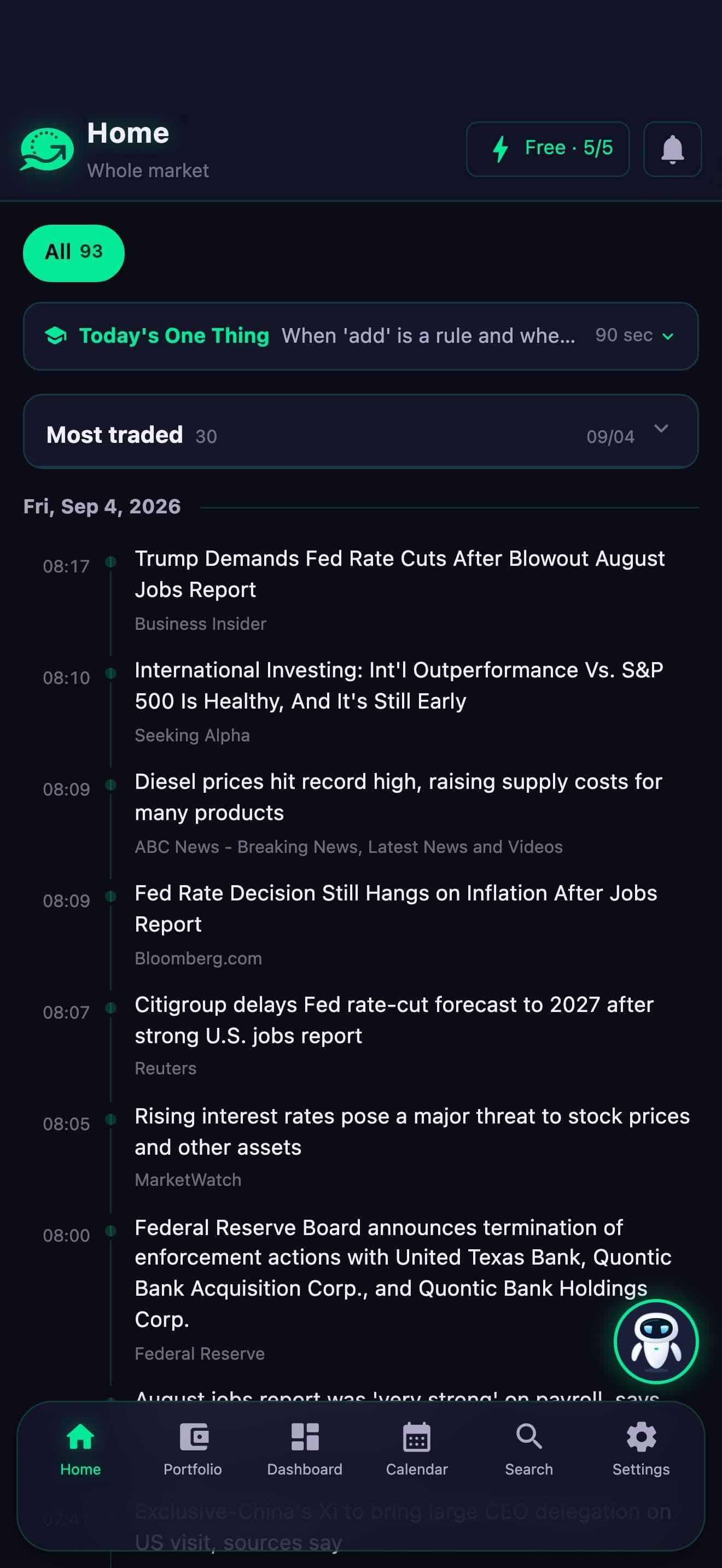 GSDAQ home: an English feed of quality and momentum signals for held stocks with a whale positioning chart